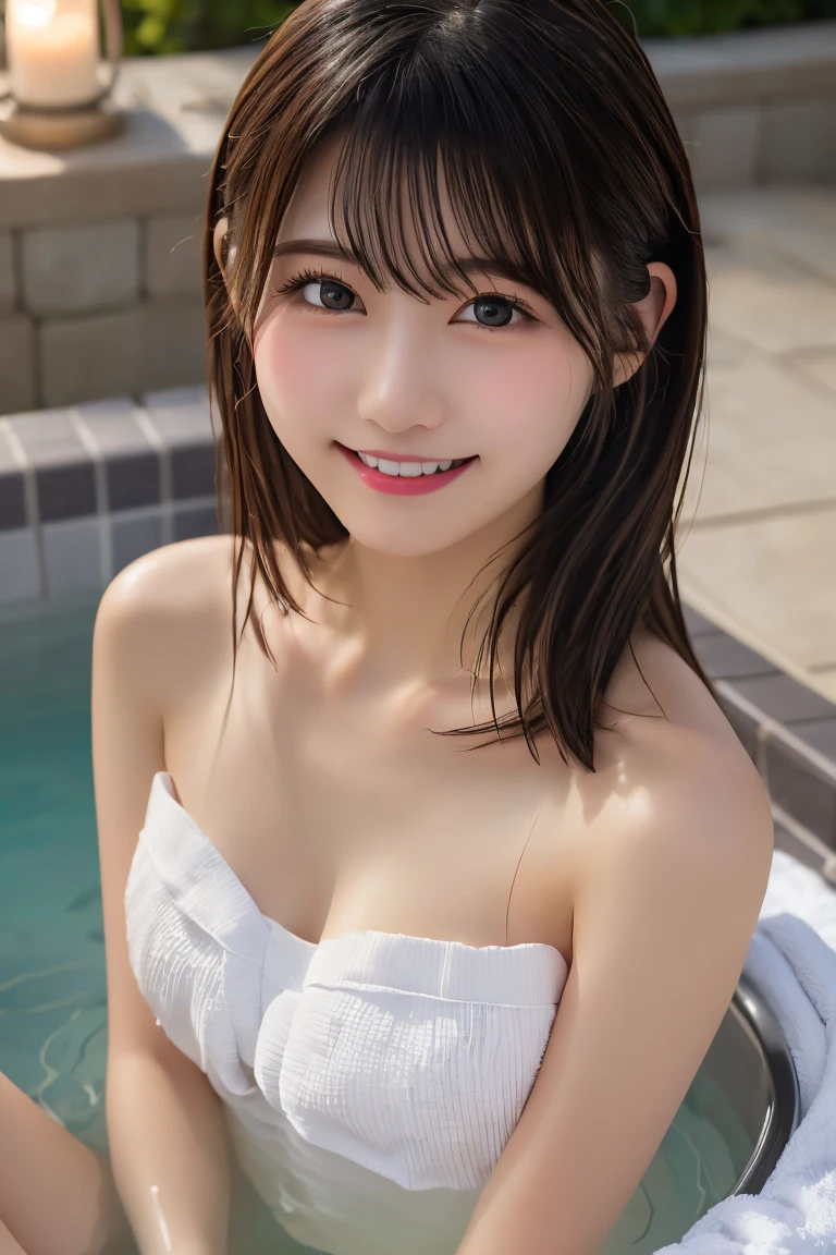 Highest quality, (beautiful)、Soak in the open-air bath、Cover your body with a bath towel、Close-up、Soft 、night、smile、Bare shoulders、Shoot from above、Outdoor