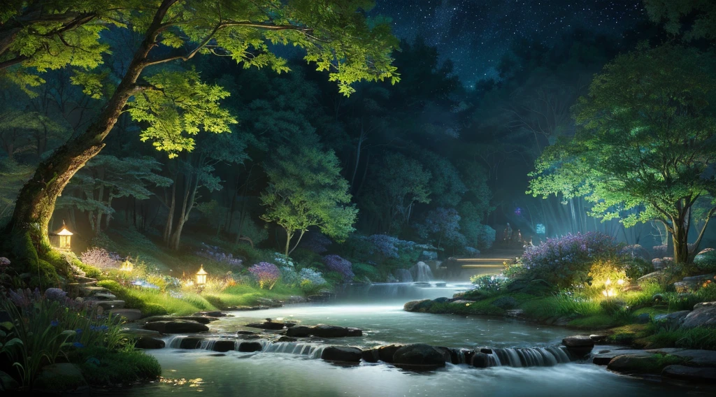 (masterpiece、Highest quality)(night:1.5)、Mysterious Forest、(静かなnightの森の風景:1.3)、Starry Sky、(Firefly:1.2)、Works in gentle colors、Quiet Stream、(An illustration:1.2)、(High-resolution details:1.2)、(8K wallpapers incorporating high definition CG)、mysterious、Healing、