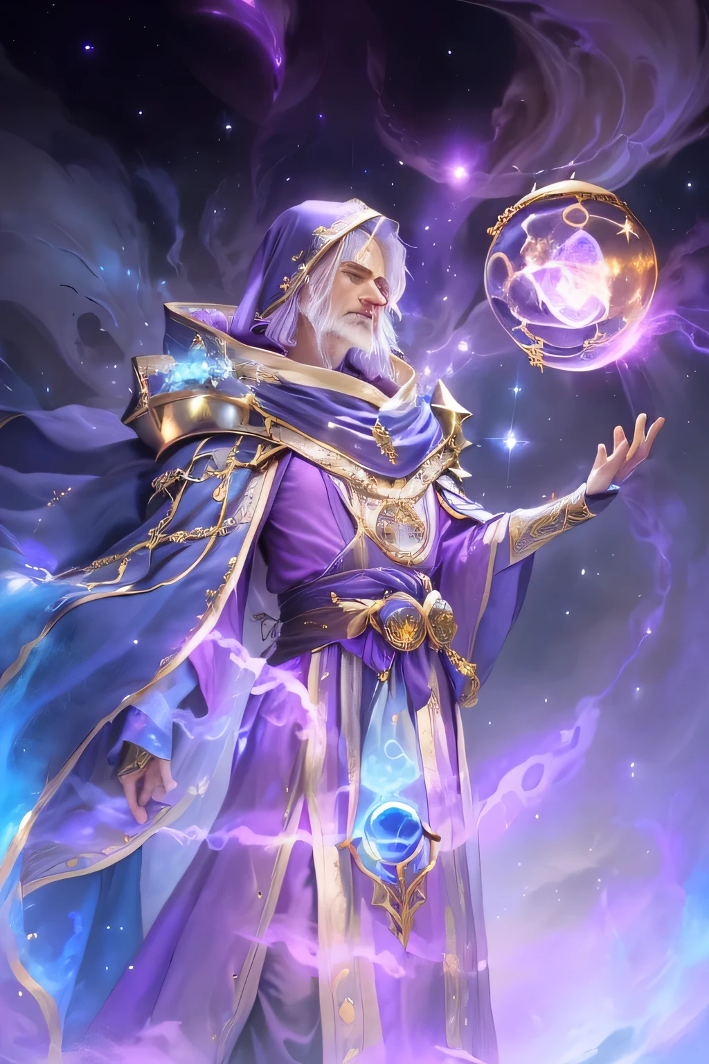 1 Astrologer，Hold a crystal ball，Draped in a purple cloak, beautiful celestial Mage, Arcane wizard casting a spell, portrait of a Mage, Mage the ascension, fantasy Mage, Mage, wearing star filled Mage robes, archMage, Photo of a male priest, Male wizard, Wizard ponders his sphere, old male archMage, Spellcaster