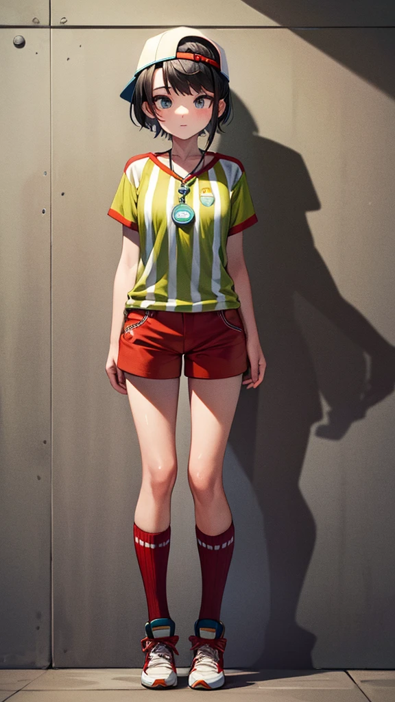 ((masterpiece)), (Highest quality),subaru_Sports, Striped shirt, White shorts, Baseball cap, whistle, Red legwear, White legwear, Mismatched legwear,whole body, alone