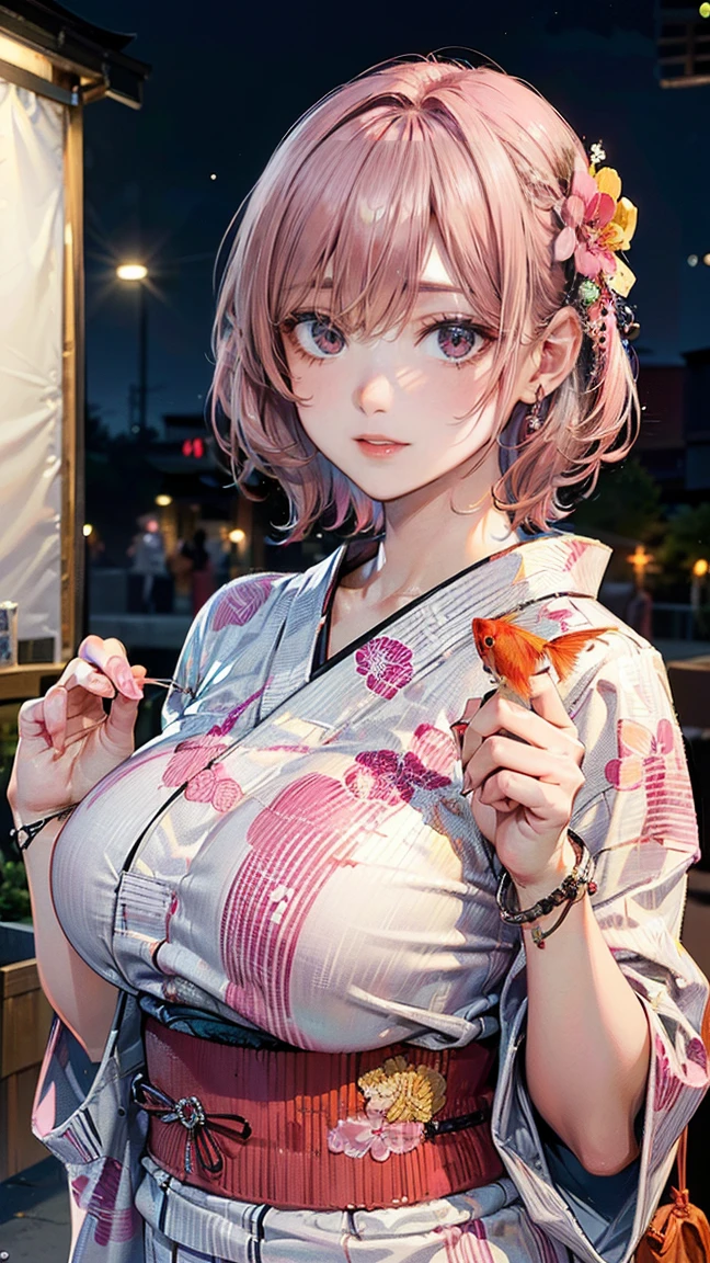 ((Highest quality, 8k, masterpiece :1.3)), (Sharp focus :1.2, Beautiful woman with perfect figure :1.4, Slim Abs :1.2), ((Big Breasts, Emphasize cleavage, The underboob is visible:1.3)), (Photorealistic:1.4), (realistic:1.4), (Pink Hair:1.5), Highly detailed face and skin texture, Fine grain, double eyelid. Makeup face, A little bit of lipstick, sex appeal, Sexy gravure pose, ((White tank top and denim shorts。The background is the garden at home、She enjoys the barbecue。Casual accessories include necklaces。:1.3)