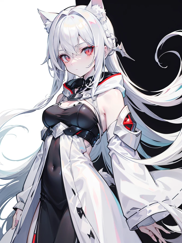 Pale skin, White hair, Black hoodie, tails, , Solo,{{Best quality}}, {{Masterpiece}}, {{Ultra-detailed}}, {illustration}, {Detailed light}, Red eyes,Long hair，A revealing, thin dress.