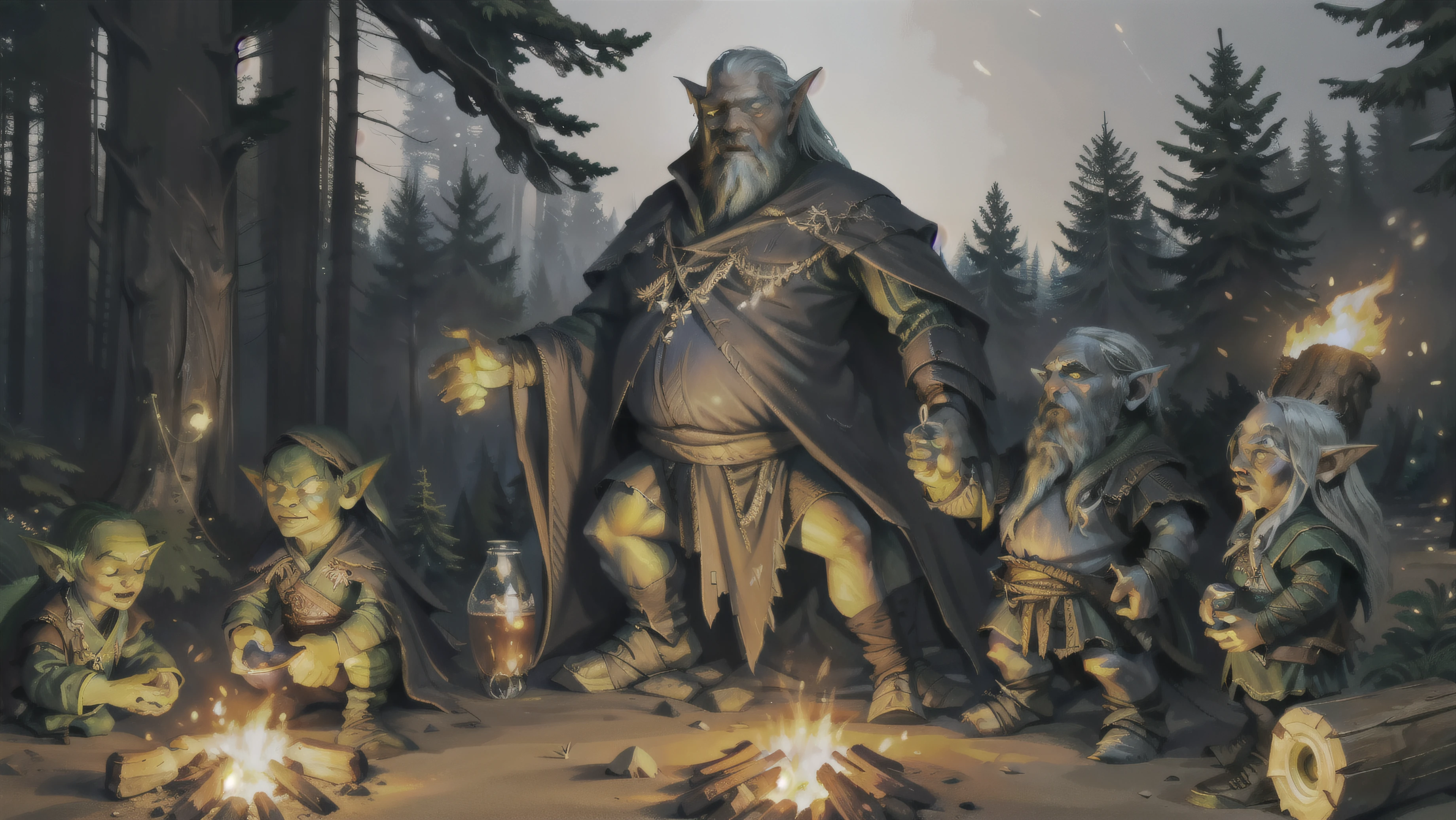 I want a group of people together next to each other in a forest camping by a campfire, all different from each other, um elfo, a dwarf, Um gigante, a merman and a human, everyone drinking.
