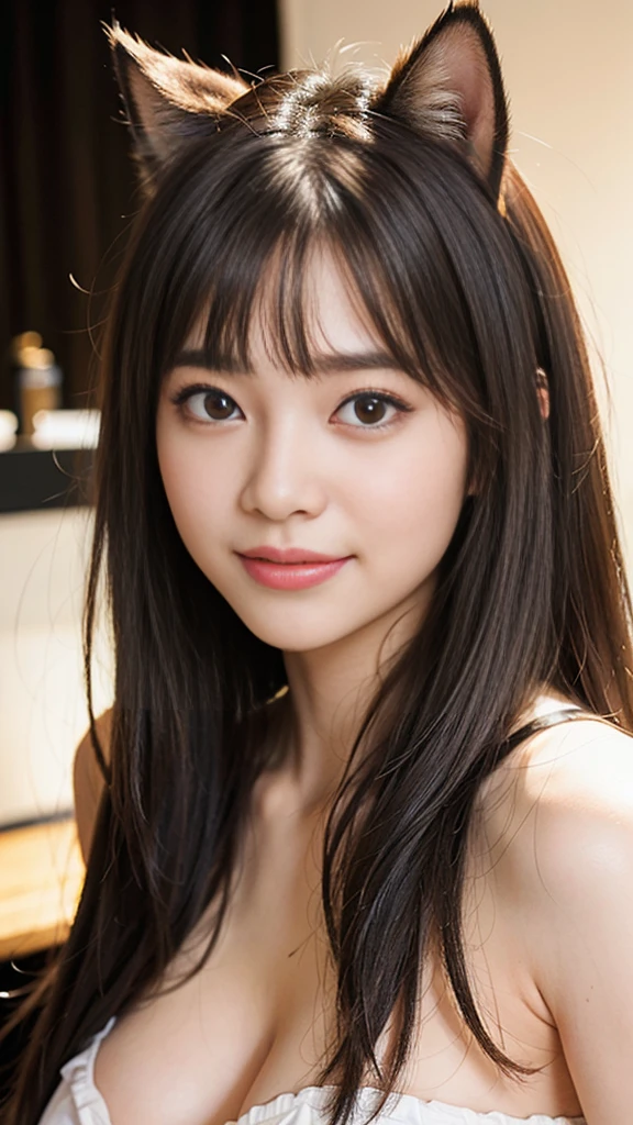 Highest quality、超A high resolution、(Photorealistic:1.5)、1 girl、(Brown Hair:1.2)、(Big Breasts:1.2)、Cat Cafe、Whole Body Ezbian、Smile、Wearing raccoon ears、Bad Eyes、Shooting from various angles、, (Fascinating),