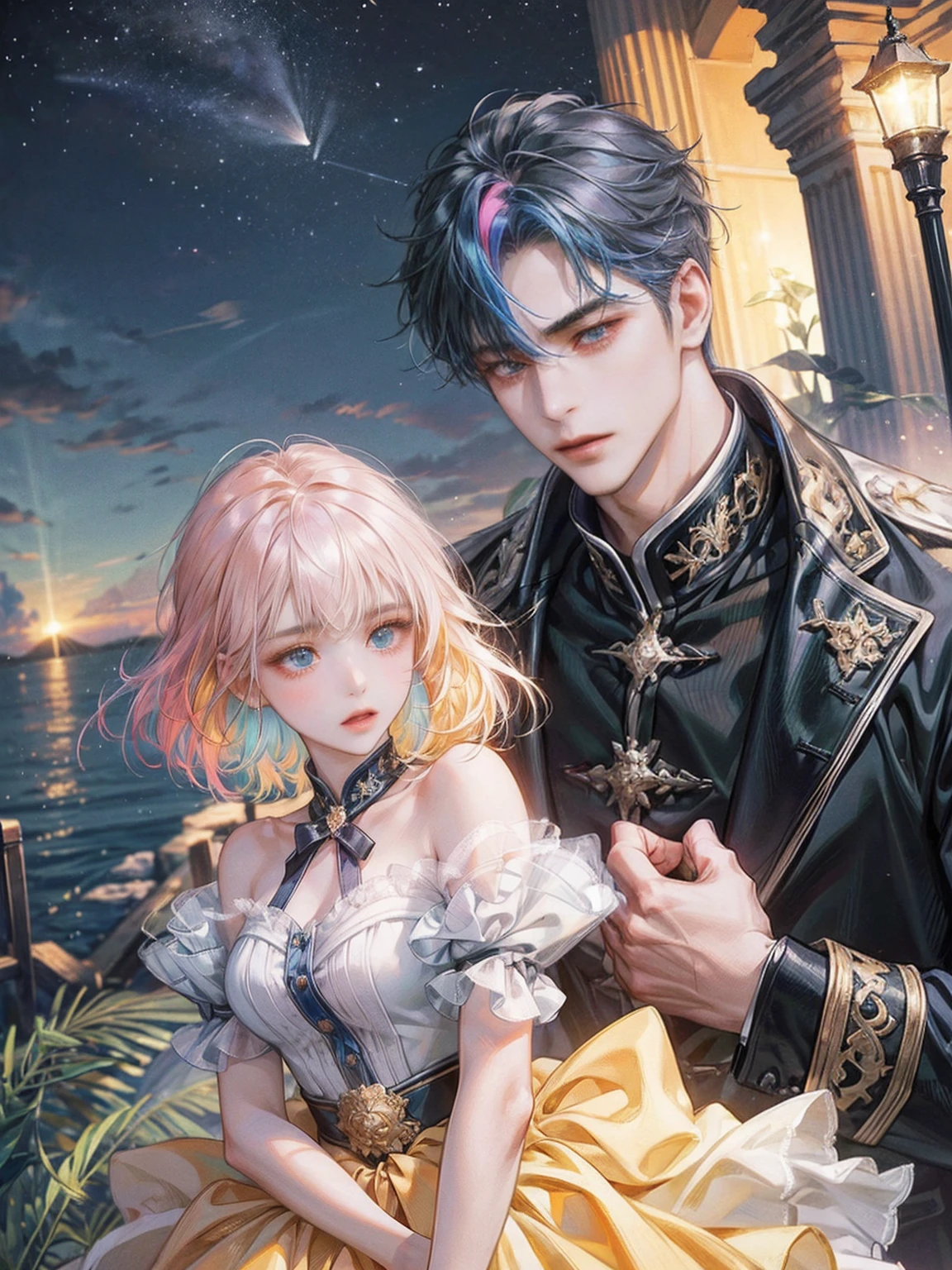 EbonyGoldAIのmasterpiece, 最high quality, high quality, High resolution, (((Beautifully detailed skies))),, growな(grow, wonderful), vision(View), wonderful光景, High resolution, ((Best Shadow)), Night Sky, moonlight, ((Super detailed)), (Best illustrations), ((Very delicate and beautiful)), Dynamic Angle,high qualityの画像品質, quiet, far_Away{{masterpiece}}, 最high quality, Very detailedな CG ユニティ 8k 壁紙, Cinema Lighting, Lens flare, Beautiful details in the eyes, black, Sideways glance, Multicolored Hair, colorful light, particle, Heterochromia iridis, (colorful:1.5), (colorful hair:1.5),{{masterpiece}}, 最high quality, Very detailedな CG ユニティ 8k 壁紙, Cinema Lighting, Lens flare, Beautiful details in the eyes, black, Sideways glance, Multicolored Hair, colorful light, particle, Heterochromia iridis, (colorful:1.5), (colorful hair:1.5),masterpiece, 最high quality, Official Art, 8k wallpaper, Very detailed, Very delicate and beautiful, wonderful, In detail, masterpiece, Super detailed, High resolution,Best illustrations, Best Shadow,Complex,Sharp focus, high quality, A young father holds his young twin boys and girls in his arms tightly and warmly、Draw a scene filled with love and security.。My father is on his way home from work.、Children are innocent and carefree。In the background, a clear blue sky spreads out.、Italy in Summer、View of a stylish modern mansion in Venice。The bright sunlight illuminates the house and the sparkling sea.。 In fact, this30The father of the generation was the former Constantine1This is the world.、The boy-girl twins are formerly Crispus and Fausta。The whole scene、atonement、Forgiveness、Healing、Purification、And the theme of repairing relationships was emphasized.、It expresses the moment when family love and bonds deepen.