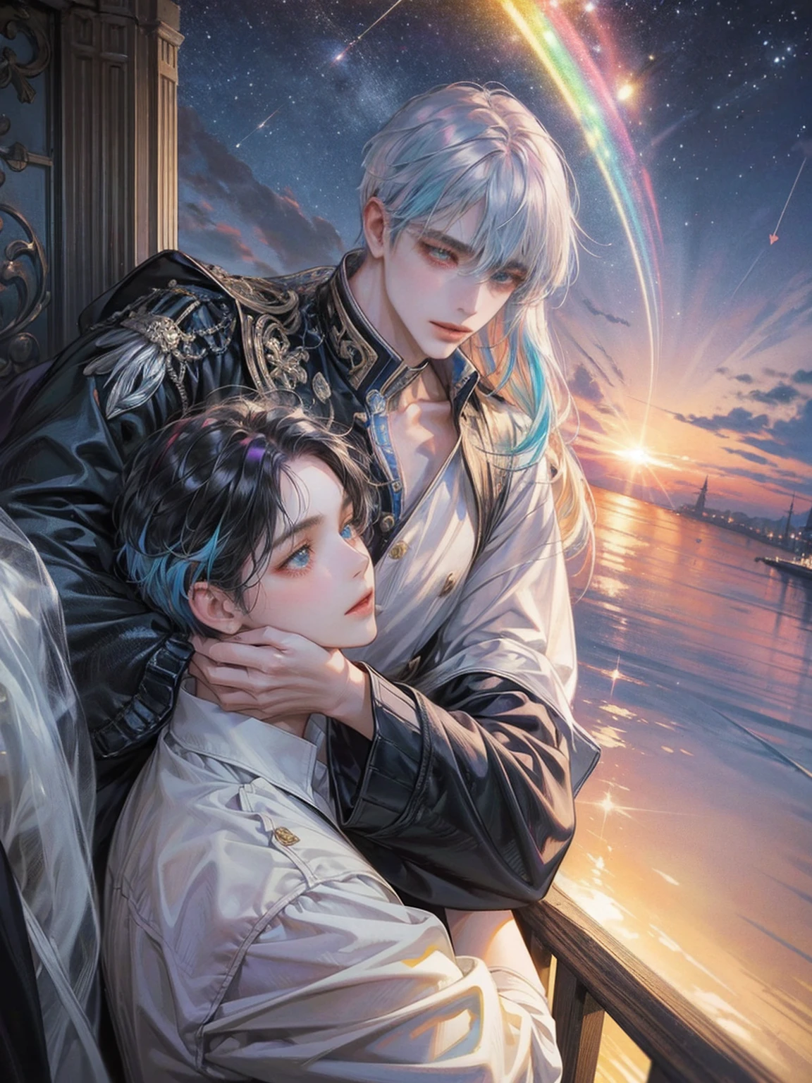 EbonyGoldAIのmasterpiece, 最high quality, high quality, High resolution, (((Beautifully detailed skies))),, growな(grow, wonderful), vision(View), wonderful光景, High resolution, ((Best Shadow)), Night Sky, moonlight, ((Super detailed)), (Best illustrations), ((Very delicate and beautiful)), Dynamic Angle,high qualityの画像品質, quiet, far_Away{{masterpiece}}, 最high quality, Very detailedな CG ユニティ 8k 壁紙, Cinema Lighting, Lens flare, Beautiful details in the eyes, black, Sideways glance, Multicolored Hair, colorful light, particle, Heterochromia iridis, (colorful:1.5), (colorful hair:1.5),{{masterpiece}}, 最high quality, Very detailedな CG ユニティ 8k 壁紙, Cinema Lighting, Lens flare, Beautiful details in the eyes, black, Sideways glance, Multicolored Hair, colorful light, particle, Heterochromia iridis, (colorful:1.5), (colorful hair:1.5),masterpiece, 最high quality, Official Art, 8k wallpaper, Very detailed, Very delicate and beautiful, wonderful, In detail, masterpiece, Super detailed, High resolution,Best illustrations, Best Shadow,Complex,Sharp focus, high quality, A young father holds his young twin boys and girls in his arms tightly and warmly、Draw a scene filled with love and security.。My father is on his way home from work.、Children are innocent and carefree。In the background, a clear blue sky spreads out.、Italy in Summer、View of a stylish modern mansion in Venice。The bright sunlight illuminates the house and the sparkling sea.。 In fact, this３０The father of the generation was the former Constantine１This is the world.、The boy-girl twins are formerly Crispus and Fausta。The whole scene、atonement、Forgiveness、Healing、Purification、And the theme of repairing relationships was emphasized.、It expresses the moment when family love and bonds deepen.