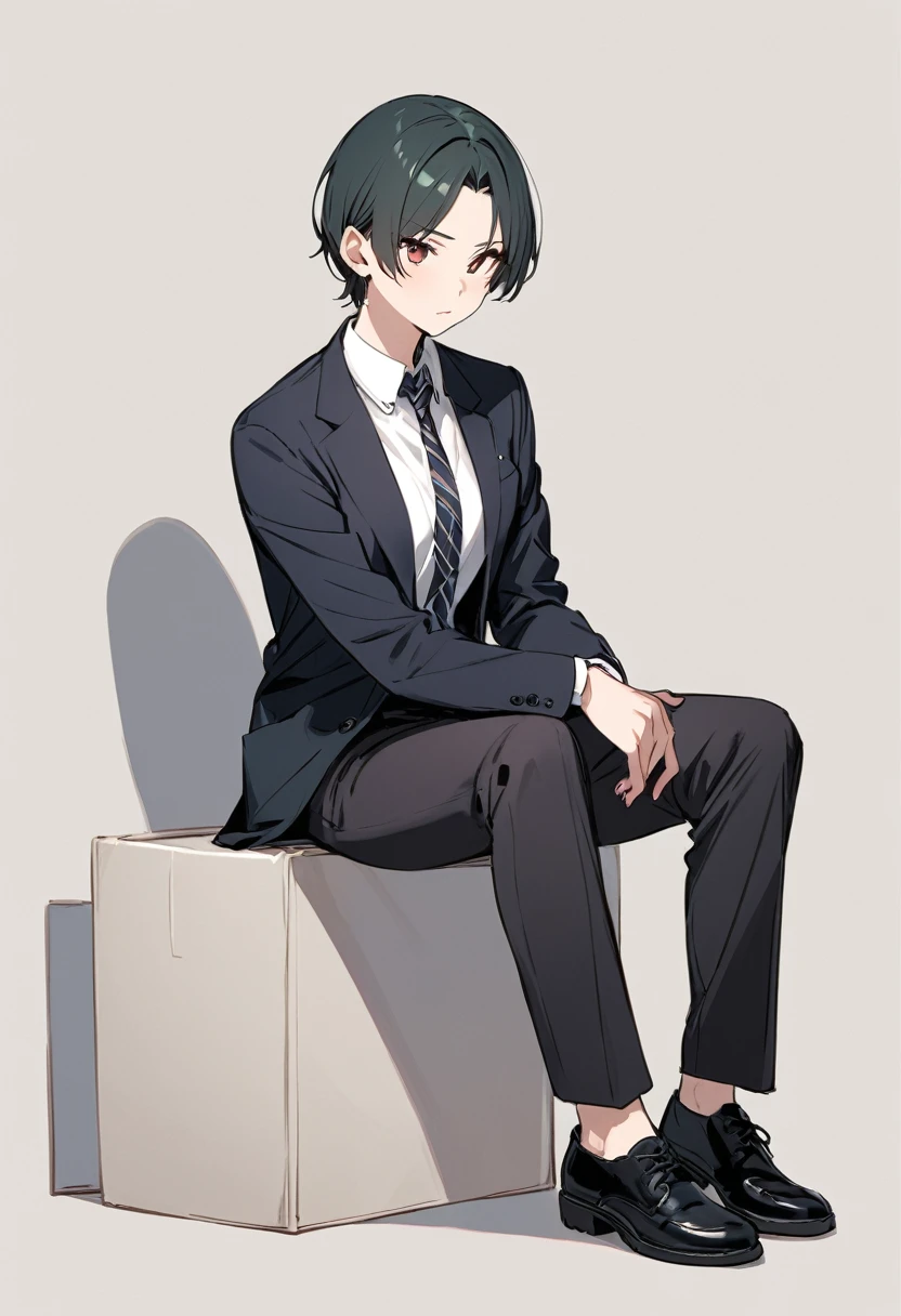 A woman wearing a black suit, tie, black long pants, black socks, and leather boots, raising her right foot up. 