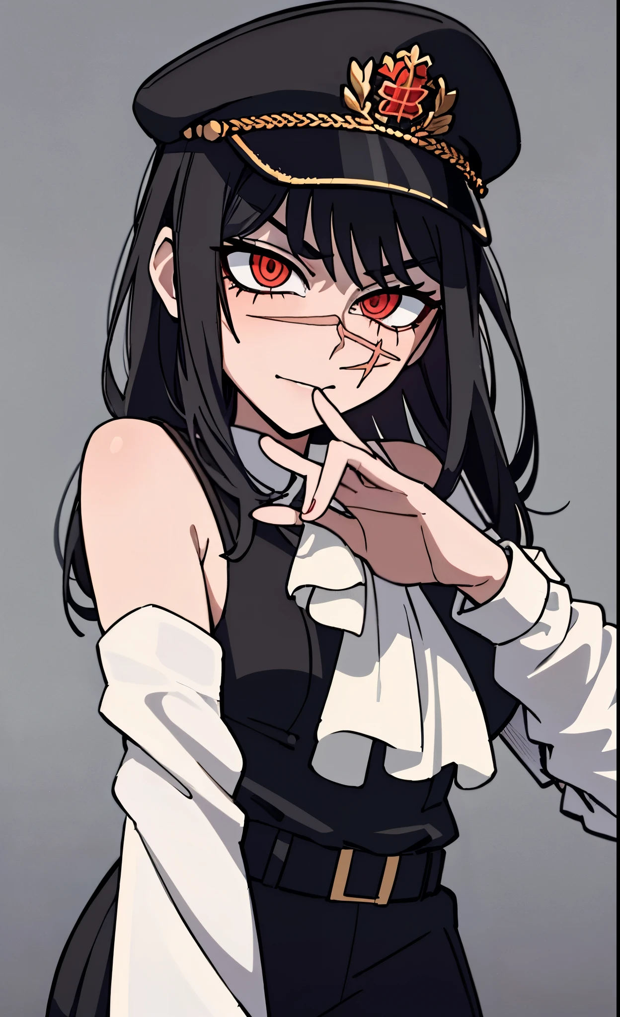 (masterpiece, best quality: 1.2), Alone, 1girl, Yoru \(Chainsaw Man\), looking at the viewer, different poses, red eye, long hair, completely black hair, reference to clothing of a German WWII general, black long sleeves (best quality), scar on face, beautiful eyes, has only 2 arms, has war medals on his clothes, Black Military Cap, Golden Eagle Medal on Clothing, (wallpaper), (8k hd), (8k hd), Golden Shoulder Pads, sprites, 1 single design (Masterpiece, Best Quality: 1.2), Alone, 1girl, Yoru \(Chainsaw Man\), looking at the viewer, SMILE, evil, DIFFERENT POSES, red eye, long hair, completely black hair, reference to clothing of a German general from World War II, black long sleeves (Best Quality), scar on face, Beautiful eyes, He only has 2 arms, He has war medals on his clothes, Black military cap, Golden Eagle Medal in Dress, (wallpaper), (8k hd), (8k hd), golden shoulder pads, sprites, 1 single design