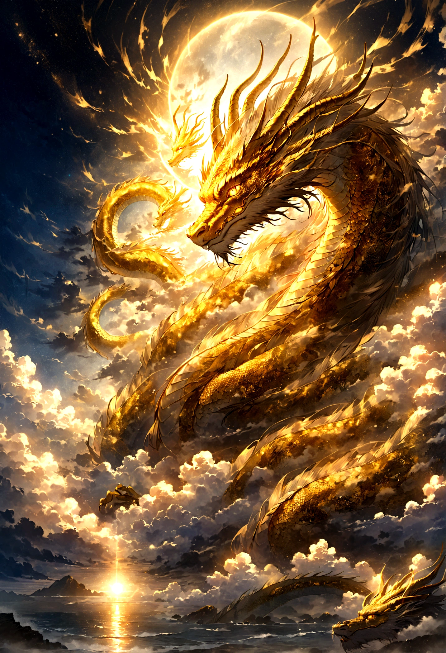 gold dragon god, gentle gaze, fantastic background, moonlight background, sea of clouds background, golden splashes, mysterious, divine light, mythical creature, traditional Chinese dragon, myth, speckled light, hazy haze, mysterious aura, masterpiece, fantastic, elegant dragon, good fortune, fantasy art