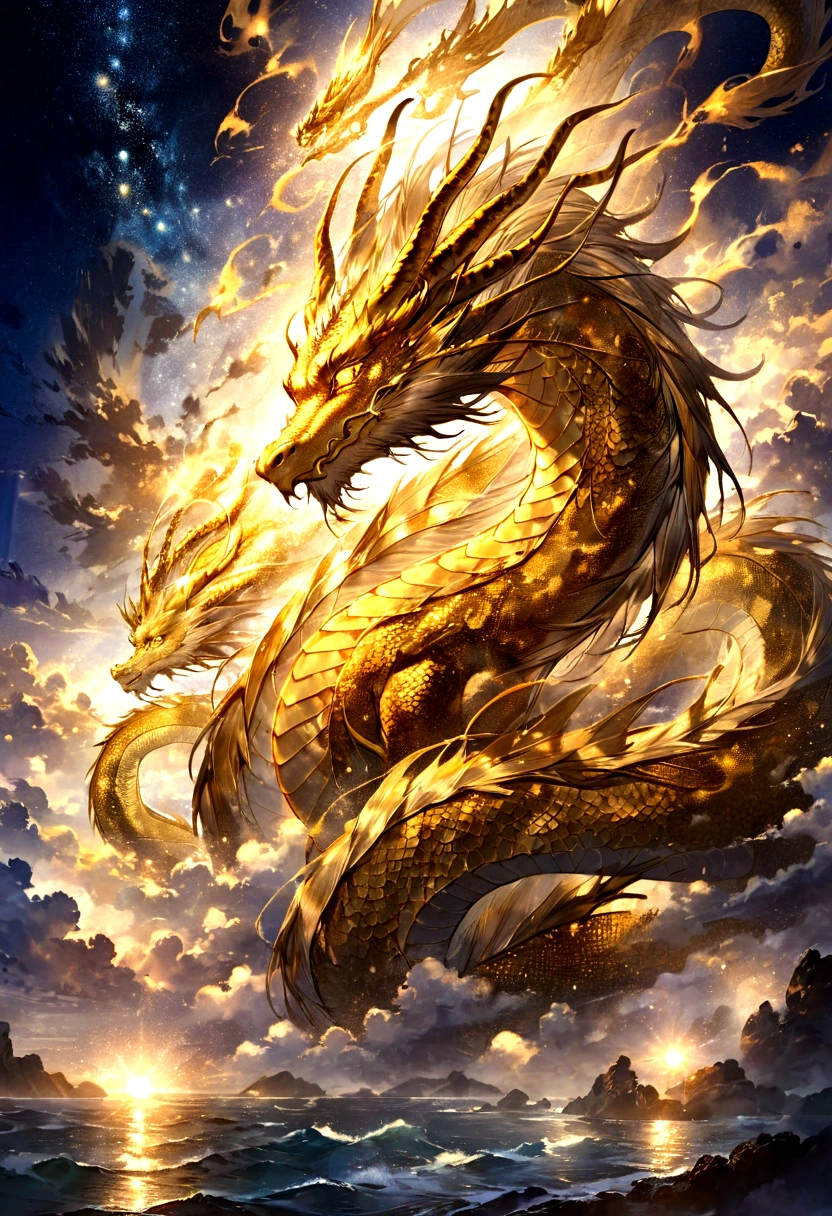 gold dragon god, gentle gaze, fantastic background, moonlight background, sea of ​​clouds background, golden splashes, mysterious, divine light, mythical creature, traditional Chinese dragon, myth, speckled light, hazy haze, mysterious aura, masterpiece, fantastic, elegant dragon, good fortune, fantasy art