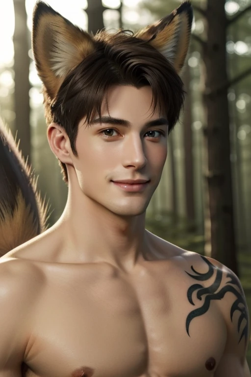 Full Body photorealistic 4k, high resolution, best quality, masterpiece, perfect color, perfect shade, perfect lighting, Posted by e621, ((portrait)), ((handsome man)), perfect male figure, Short hair details,Naked and nudetorso,Detailed face, perfect face, (stood up), Detailed background, ((Bonifasco Lighting)), (delicate eyes),(animal ears:fox),((big fluffy tail)),tattoo,((forest)),emaciated. Smiling
