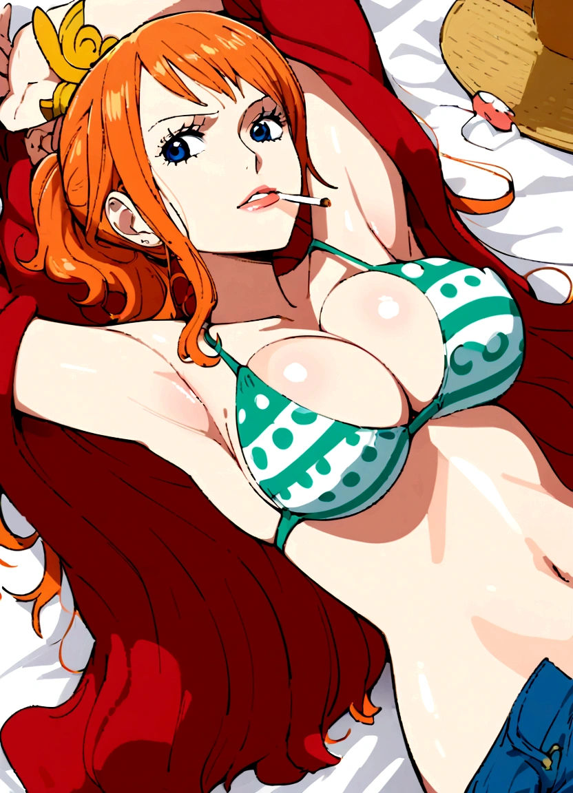 a cartoon picture of a woman in a bikini top and jeans, nami one piece, nami from one piece, nami, beautiful portrait of nami, from one piece, oppai, blue eyes, smoking, ponytail, nsfw