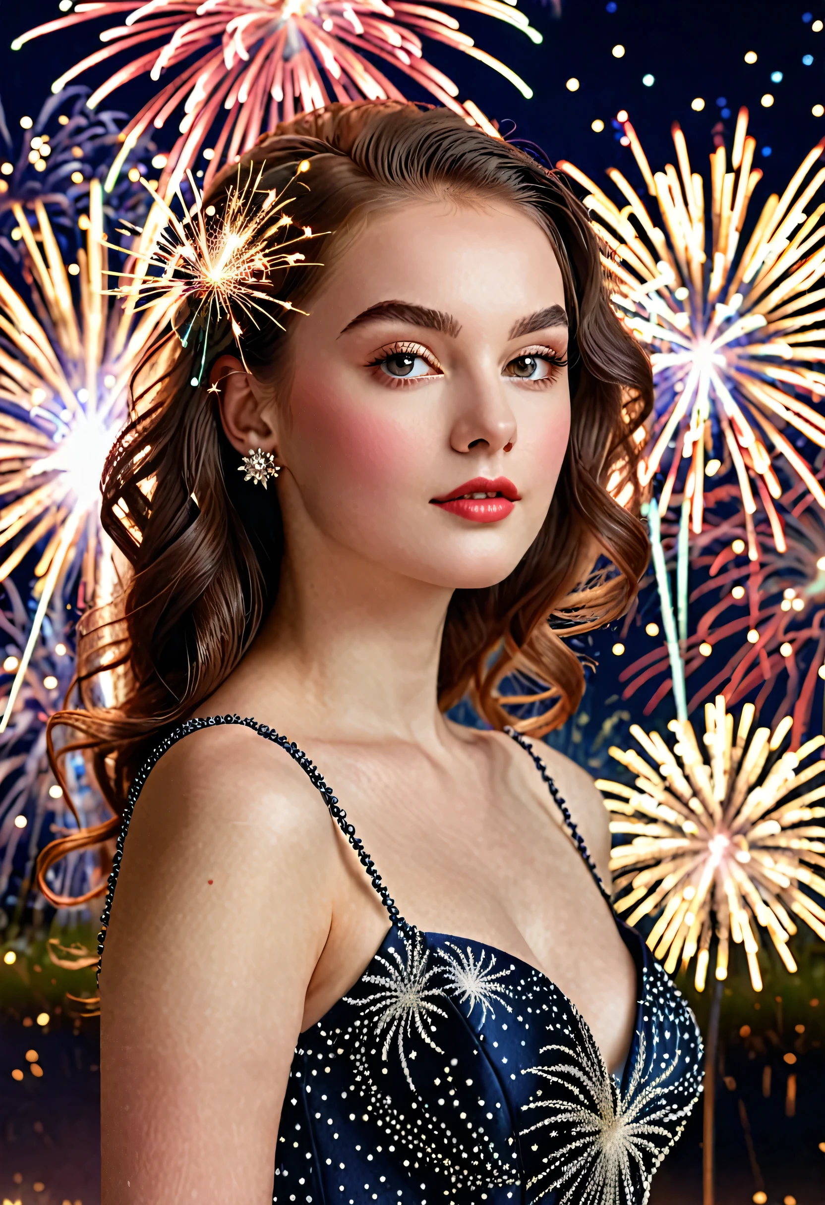 "Elegance and Youth: A Portrait of Modern Beauty"divine beauty, innocent , firework in background 