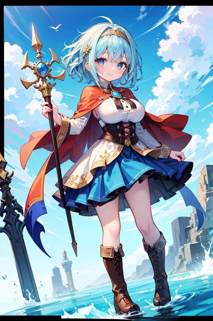 Fantasy,((Masterpiece)),((high resolution)),((Best Quality)),Anime illustration,((1girl)),(wavy hair),(short hair),(pale blue hair color),small ponytail,headband,Indigo eyes,(Big round eyes),((tareme)),,((baby face)),ig breasts))),Short stature,Young,(loli),,ice wizard,sleeless white blouse,Blue mini skirt,slit,Brown corset,brown capelet,smile,,Brown long boots,wizard's wand with blue gem,