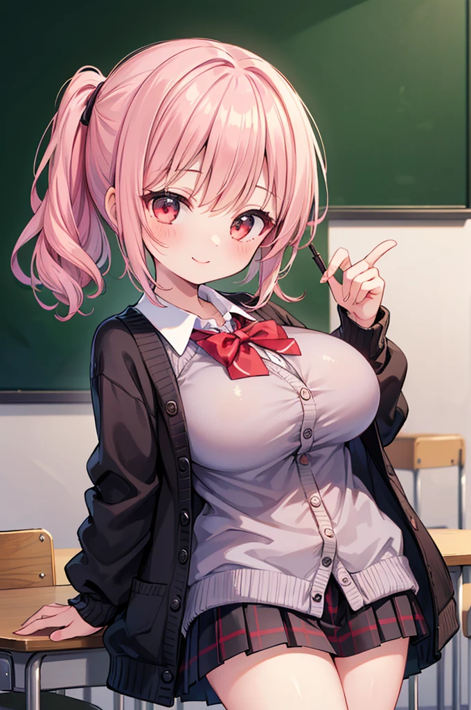 Fantasy,((Masterpiece)),((high resolution)),((Best Quality)),Anime illustration,(((1girl))),,(wavy hair),(short hair),(pale pink hair color),small ponytail,Red eyes,(Big round eyes),((tareme)),,((loli face)),ry big breasts)),Short stature,Young,,,cardigan,mini skirt,smile,Ladylike,classroom,