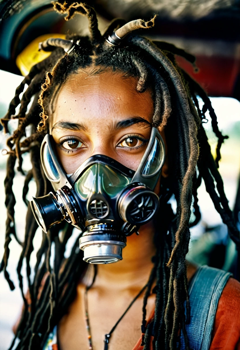 RAW, (HDR:1.9) best quality, 4k, 8k, (ultra high resolution), (photo hd:1.6), (sharp focus), (Kodak Portra 400 film) (portrait), 
close-up of a young woman  dreadlocks, black hair, gas mask, constricted pupils, pupils sparkling(artistic portrait: 1.5) (85mm, reflex camera) 
(dramatized effect, photographic filter: 2.0) Photography awarded with an honorable mention
