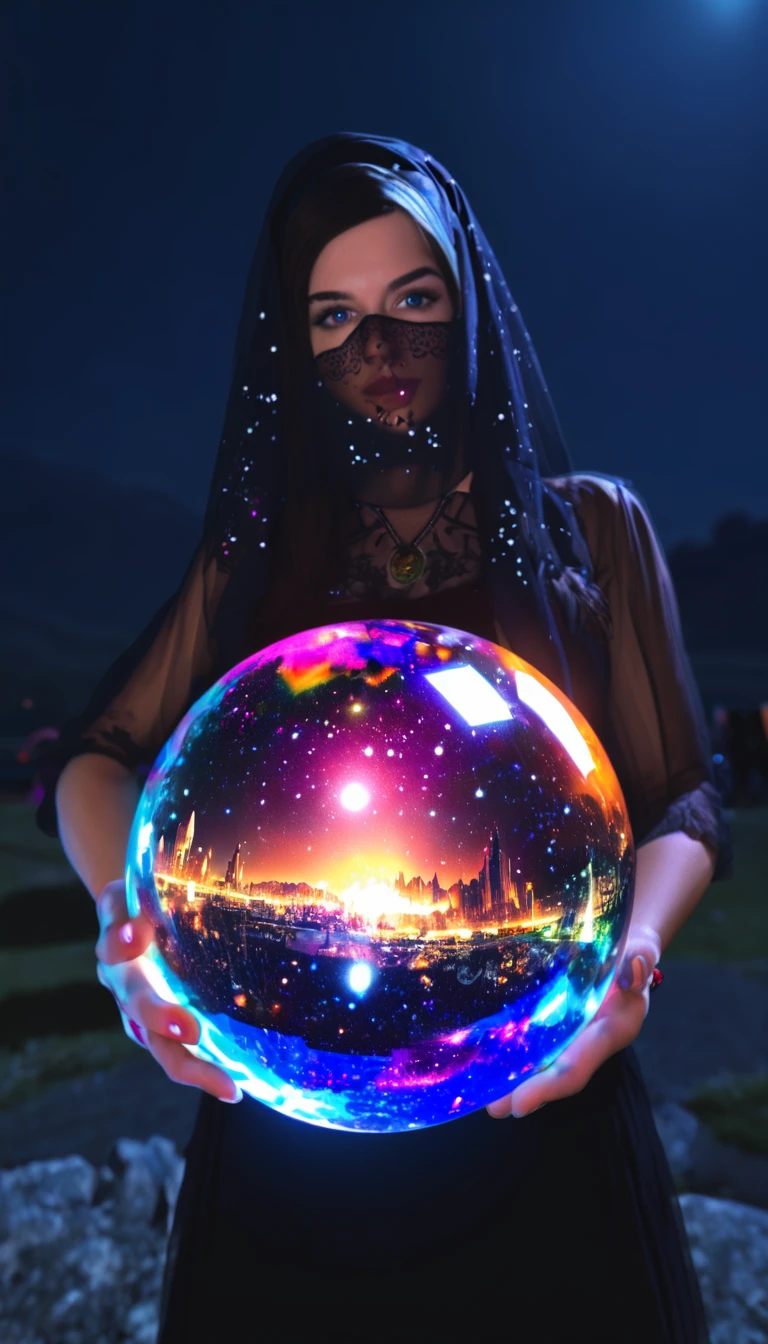 (deep dark night), pov, colorful sketch, (female Astrologer),1girl, holding crystal ball, full body, veil, mysterious,extremly detailed