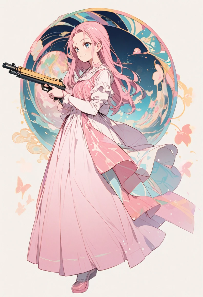 A pink-haired girl with a gun pointed at her forehead from the side、smile、whole body