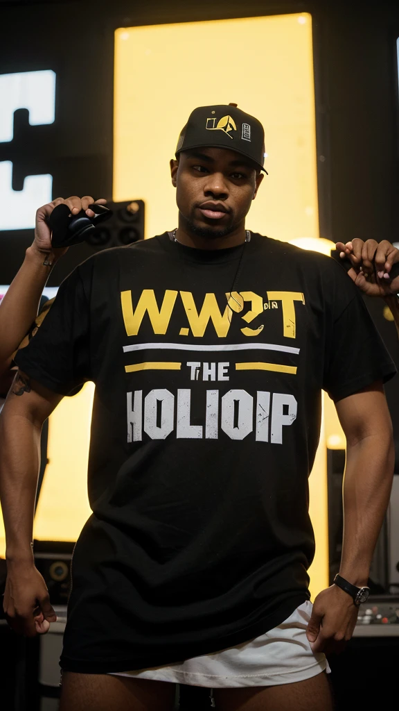 This is a printable image for t-shirt that has the message " Hip Hop Was Dope In The 90's " whrre the w from was word has a yellow color and the shape of the W symbol of Wu Tang Clan ..the rest of the letters are black and the text follows the shape of the classical logo .. parental advisory explicit content..