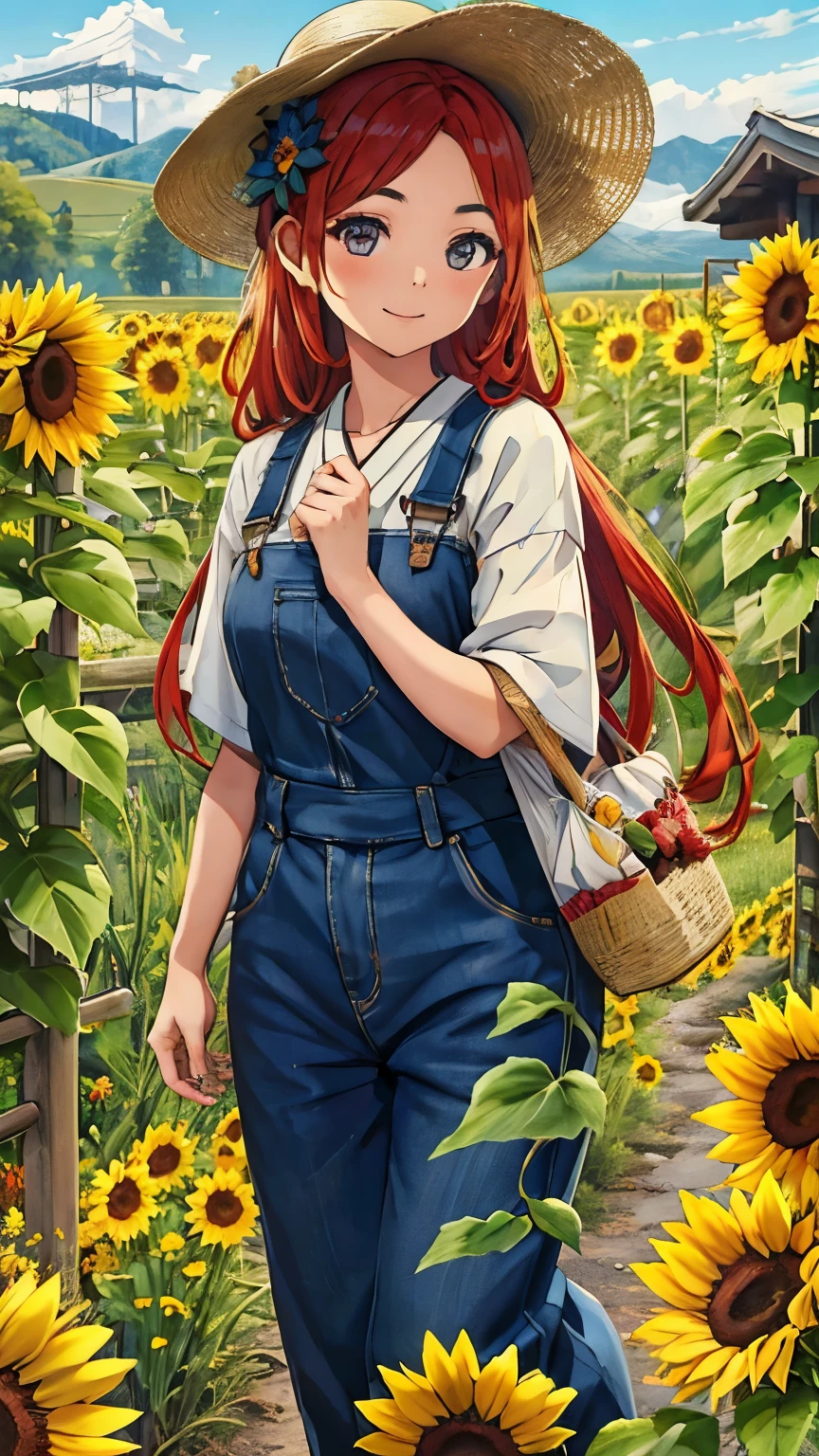 Vast sunflower field, midsummer sun, braided hair, red hair, dark blue overalls, latest design, happy smile, laughs a lot, laughs heartily, full body shot, Japanese, , well-shaped eyebrows, beautiful details, big eyes, straw hat, natural makeup, highly detailed skin, 8K quality, highest quality, realistic, cinematic light, young, baby face, latest fashion, masterpiece, highest quality, high resolution,