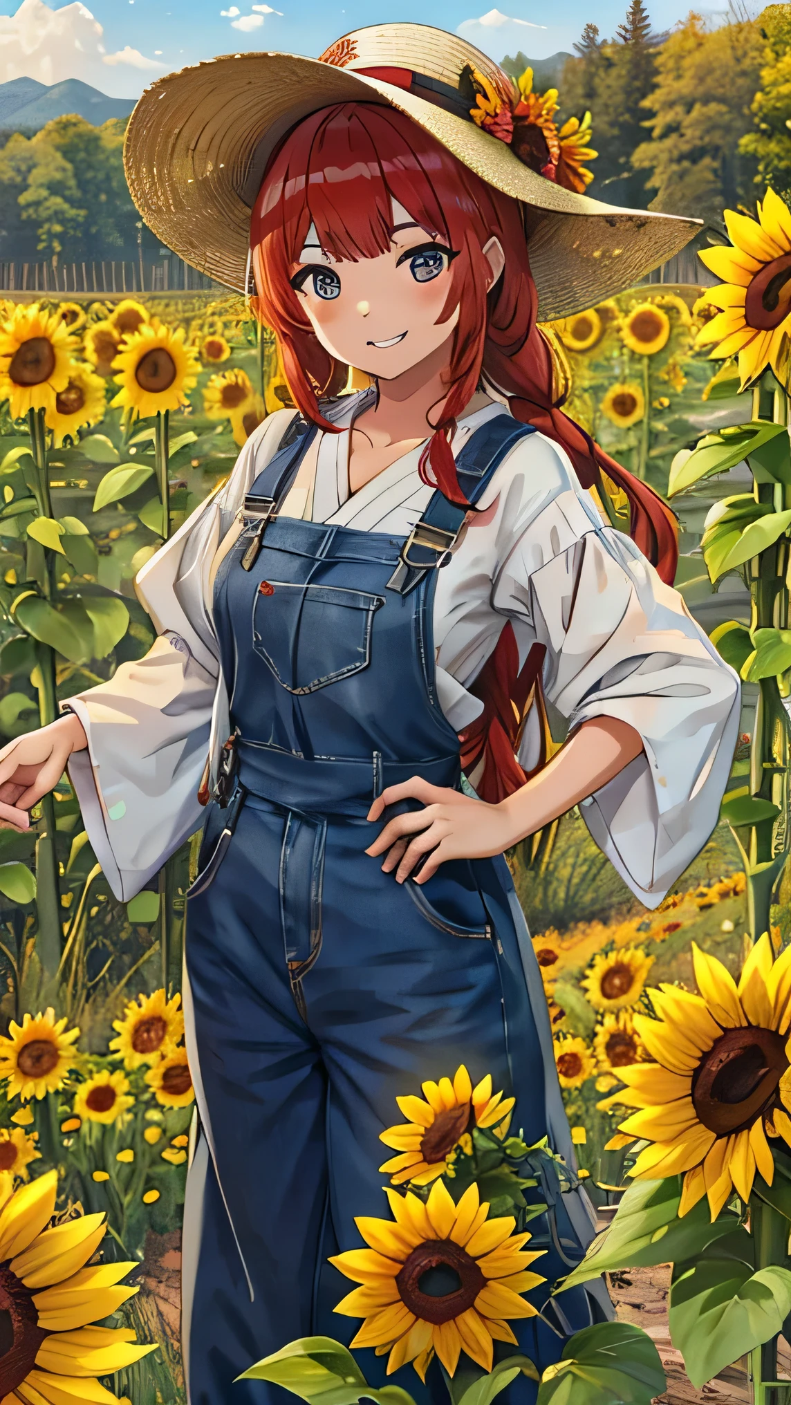 Vast sunflower field, midsummer sun, braided hair, red hair, dark blue overalls, latest design, happy smile, laughs a lot, laughs heartily, full body shot, Japanese, , well-shaped eyebrows, beautiful details, big eyes, straw hat, natural makeup, highly detailed skin, 8K quality, highest quality, realistic, cinematic light, young, baby face, latest fashion, masterpiece, highest quality, high resolution,