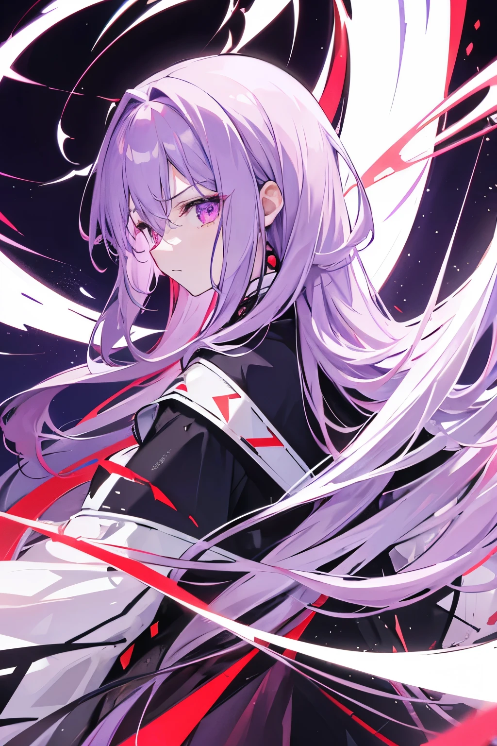 Her hair is long and light purple。He is facing away from me and has a thunder-like aura around him.。The background is red and black, the clothes are white and reddish purple, and the back is not visible.。Very angry。