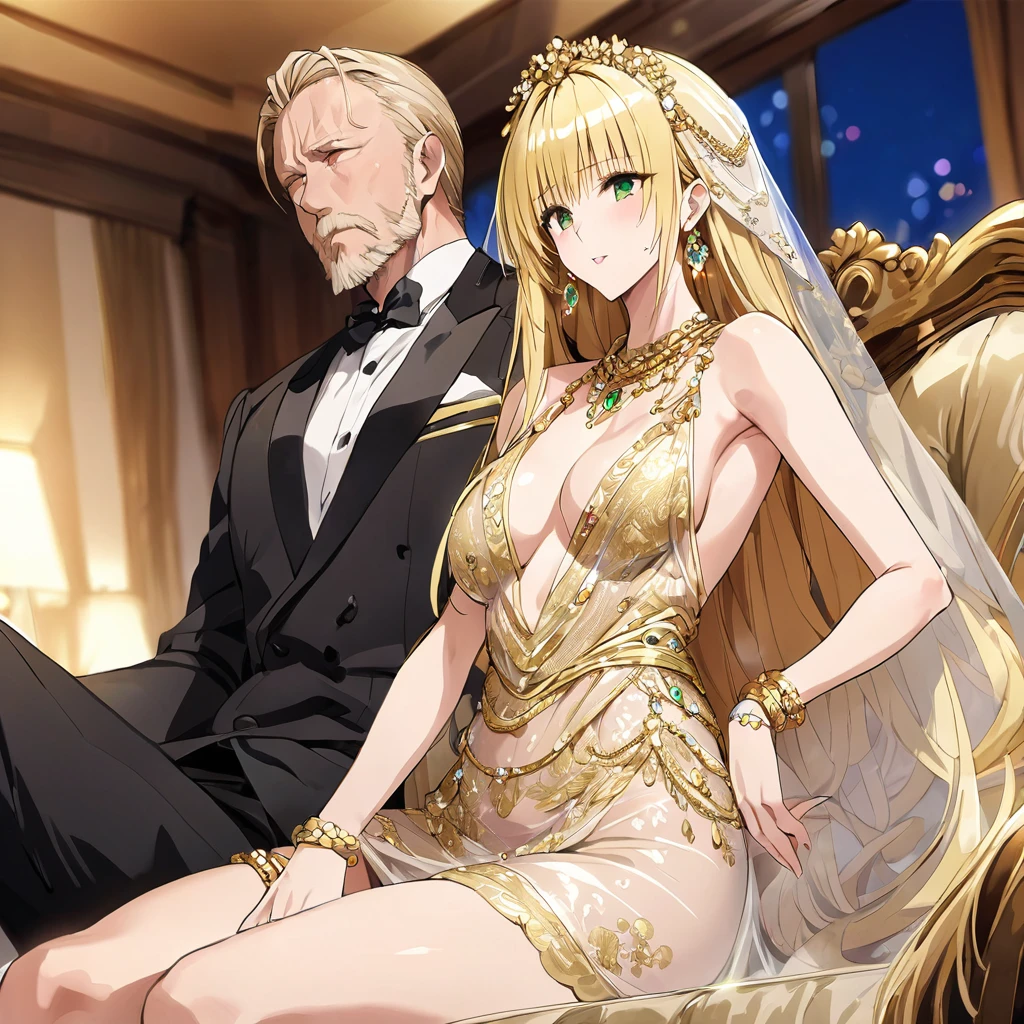 ((Highest quality)), ((masterpiece)), (detailed), (Perfect Face)、The woman was a tiare with green eyes and medium-long blonde hair, and was wearing a luxurious, shiny, gold-colored, long-slit see-through dress with gorgeous embroidery and trim, which allowed her skin to show through, a gold-colored see-through cape, and a gold-colored see-through veil. She was wearing a gorgeous jeweled hair accessory, a jeweled head dress chain, a jeweled waist chain, a gorgeous necklace, bracelets, ankle bracelets, jeweled earrings, and shiny gold boots. She was also wearing an engagement ring.、The woman is sitting with the man on a luxurious sofa in a luxurious room, and he is holding her close and loving her.、The man is a dignified, bearded, elderly man of great wealth, wearing luxurious clothing with gold embroidery and trim.