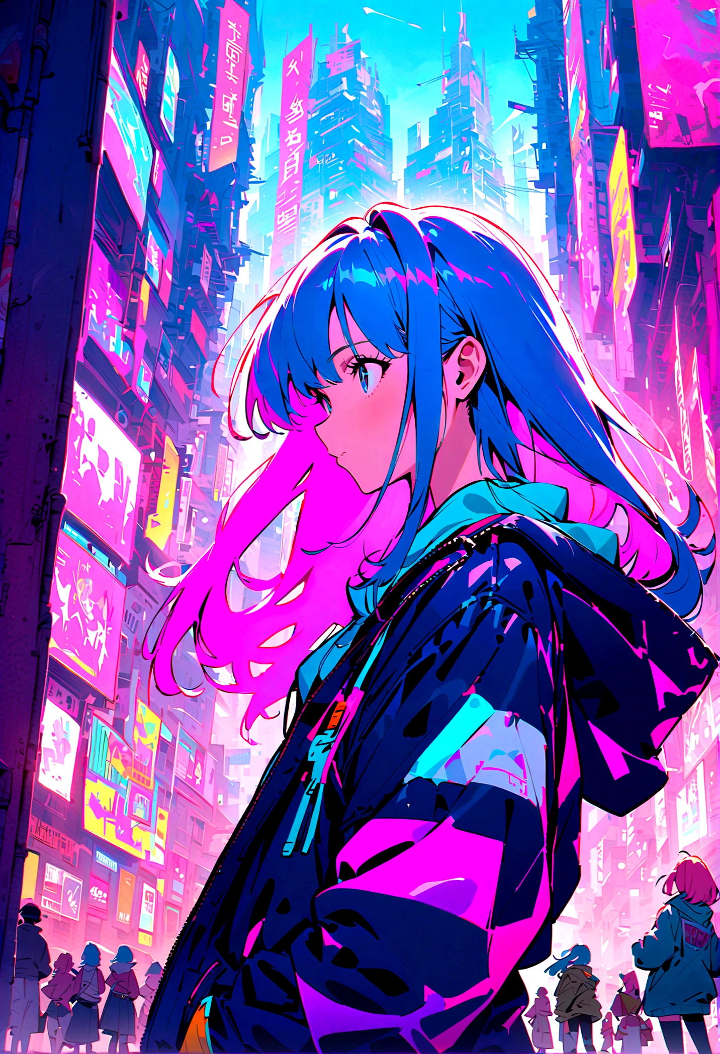 Pink and blue hair girl, soda, Inspired by 90s anime, Cyberpunk City, praise, colorful, Stray cat and woman, Pink Hair, Blue Hair