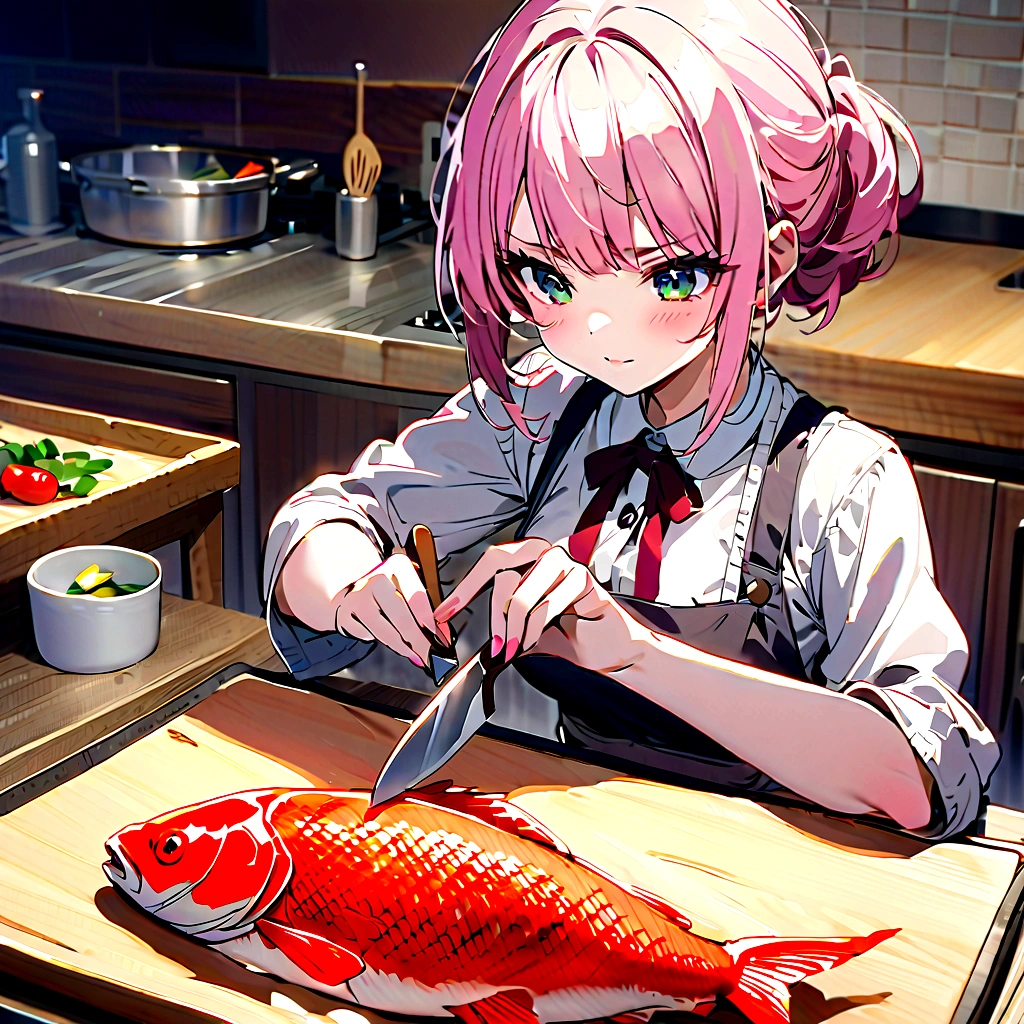 cooking、Carp on the cutting board、Cut your finger with a knife、Girl with pink hair