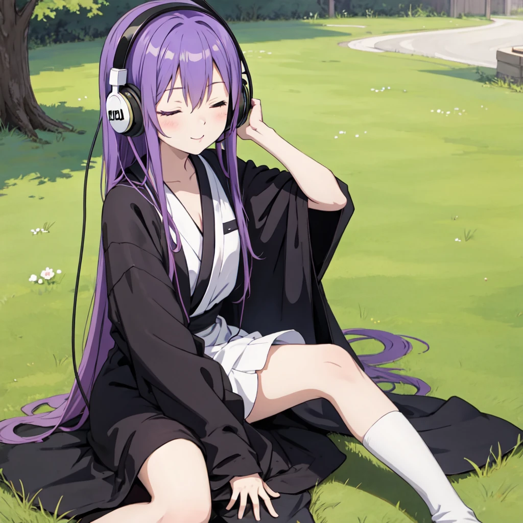 1 person. Anime girl with long purple hair and black robe. Pointy ears. Cute as in manga. Sitting on grass with eyes closed. Headphones.