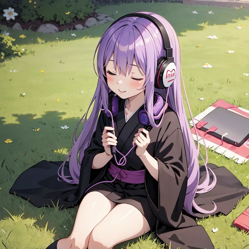 1 person. Anime girl with long purple hair and black robe. Pointy ears. Cute as in manga. Sitting on grass with eyes closed. Headphones.