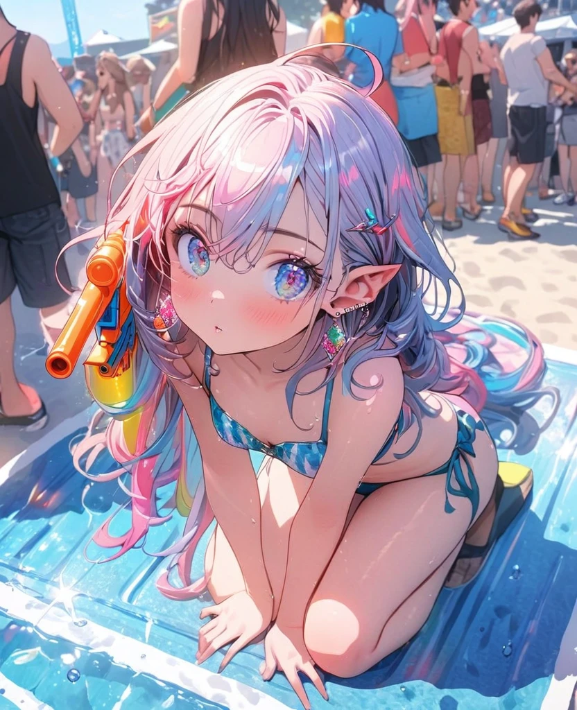 8K,gal,an extremely delicate and beautiful,Beautiful and realistic skin,Shiny jewel-like earrings,Long colorful hair,beautiful eyes,full body,head to toe,beautiful regs,bikini
,summer music festival,water gun
