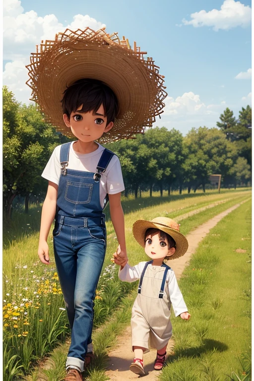 Arabic style image of a boy in overalls and a straw hat walking through a field