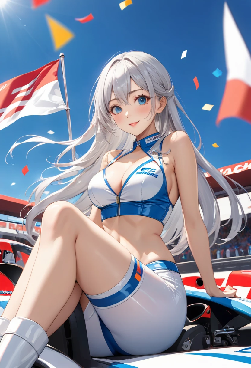 Highest quality, Super quality, 16K, Incredibly absurd, Very detailed, 2.5D, delicate and dynamic, blue sky, Confetti, Racing Car, flag, Small face, Extremely delicate facial expression, Delicate eye depiction, Extremely detailed hair, Upper body close-up, erotic, sole sexy lady, healthy shaped body, 22 years old lady, Race Queen, 170cm tall, big firm bouncing busts, white silver long hair, sexy long legs, Glowing Skin, , Flashy Race Queen costume, blue tight skirt, white leather long boots, Formula 1, Auto Racing Track