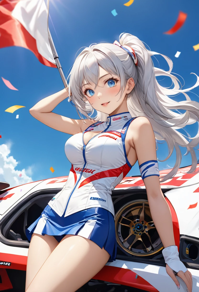 Highest quality, Super quality, 16K, Incredibly absurd, Very detailed, 2.5D, delicate and dynamic, blue sky, Confetti, Racing Car, flag, Small face, Extremely delicate facial expression, Delicate eye depiction, Extremely detailed hair, Upper body close-up, erotic, sole sexy lady, healthy shaped body, 22 years old lady, Race Queen, 170cm tall, big firm bouncing busts, white silver long hair, sexy long legs, Glowing Skin, , Flashy Race Queen costume, blue tight skirt, white leather long boots, Formula 1, Auto Racing Track