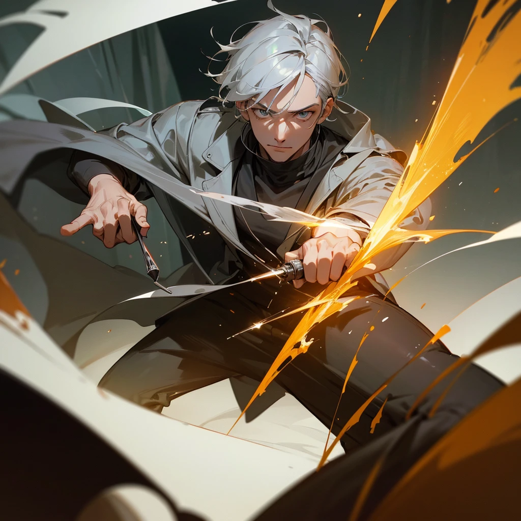 a 25 year old man with grey hair and amber eyes, determined to become the best surgeon in the world, holding a small scalpel in his hands, wearing a worn medical coat, realistic, photorealistic, 8k, highly detailed, masterpiece, cinematic lighting, dramatic lighting, dramatic pose, one piece style