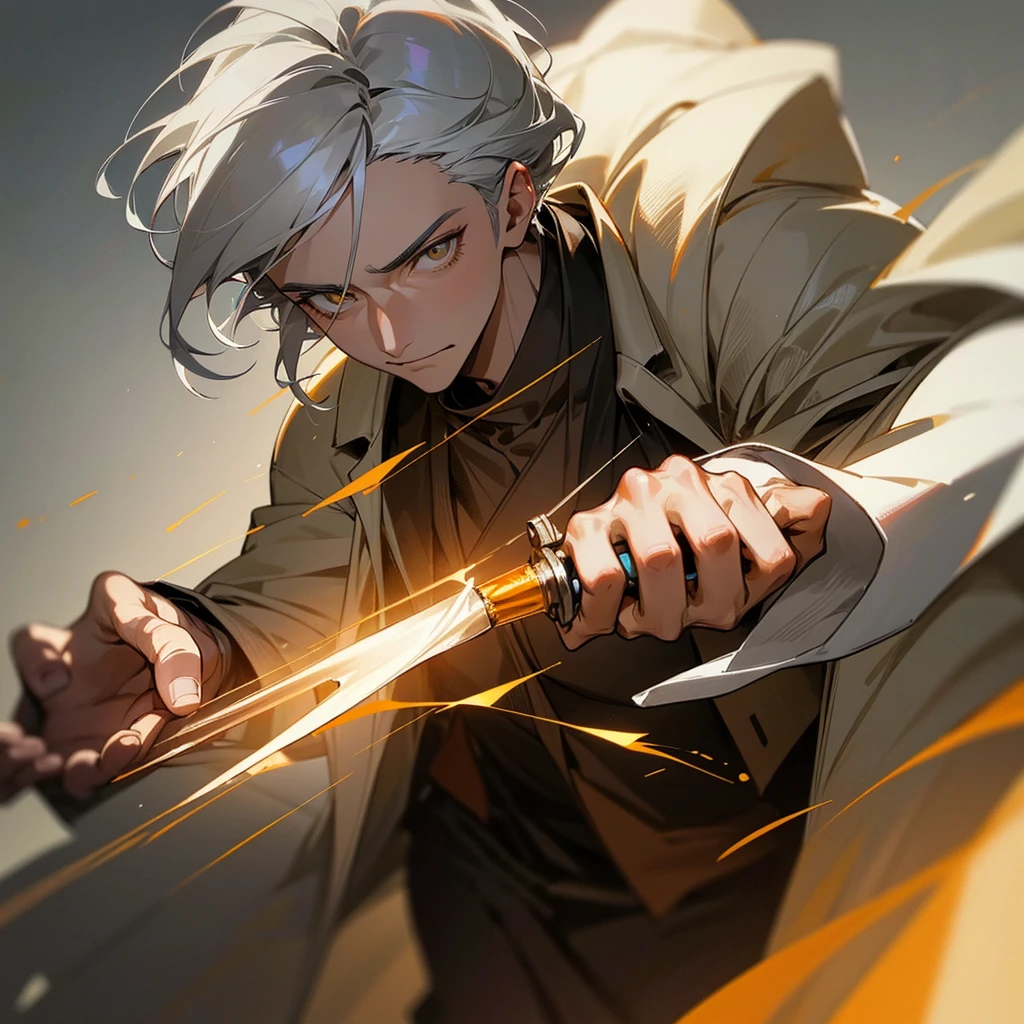 a 25 year old man with grey hair and amber eyes, determined to become the best surgeon in the world, holding a small scalpel in his hands, wearing a worn medical coat, realistic, photorealistic, 8k, highly detailed, masterpiece, cinematic lighting, dramatic lighting, dramatic pose, one piece style