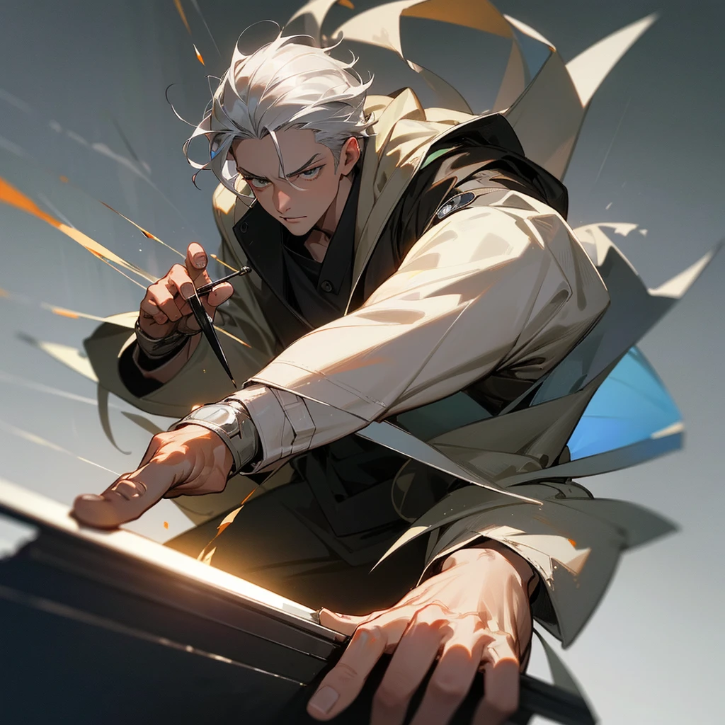 a 25 year old man with grey hair and amber eyes, determined to become the best surgeon in the world, holding a small scalpel in his hands, wearing a worn medical coat, realistic, photorealistic, 8k, highly detailed, masterpiece, cinematic lighting, dramatic lighting, dramatic pose, one piece style