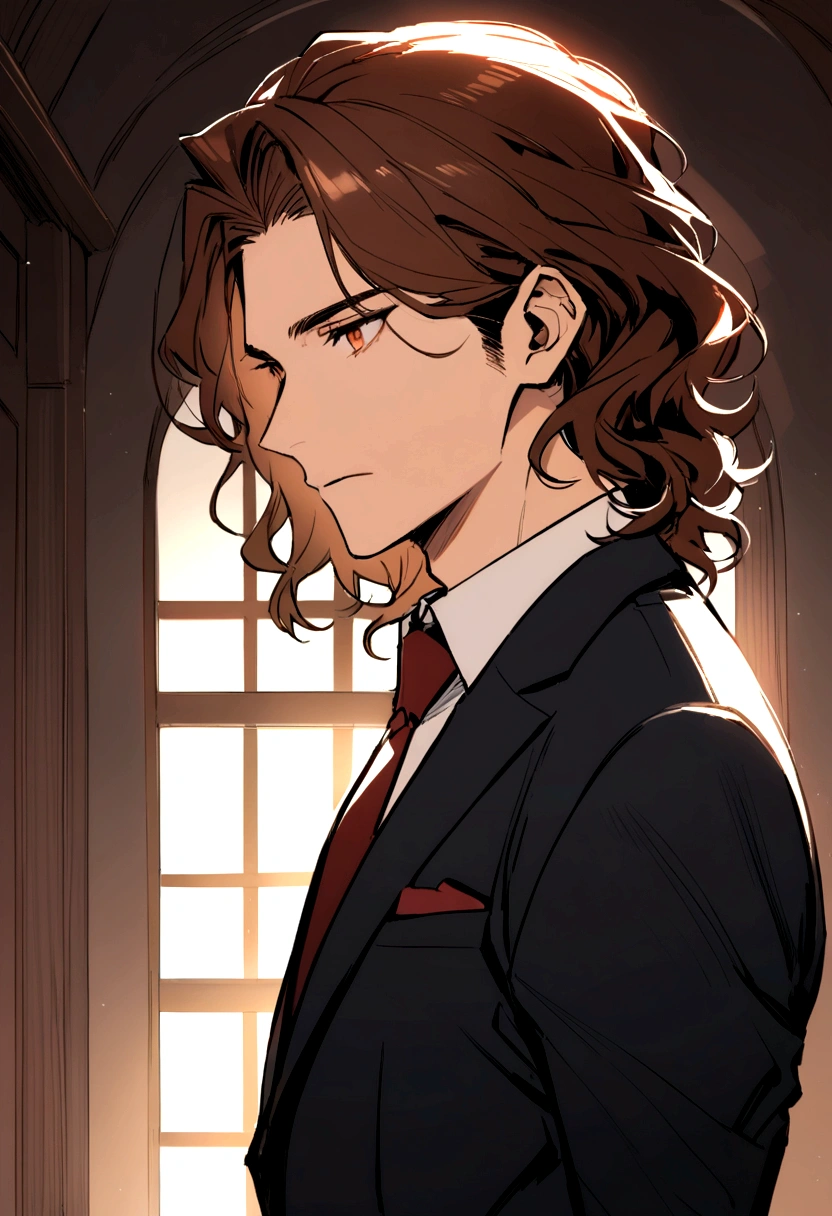 Short brown Wavy hair, russet eyes pensive looking 30 year old handsome man in a suit