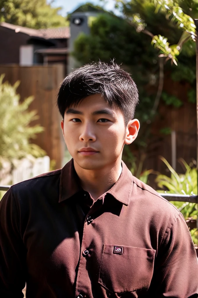 A young Asian man with large muscles looks at the camera. In a dark red button-up shirt. , measure , Normal sunlight