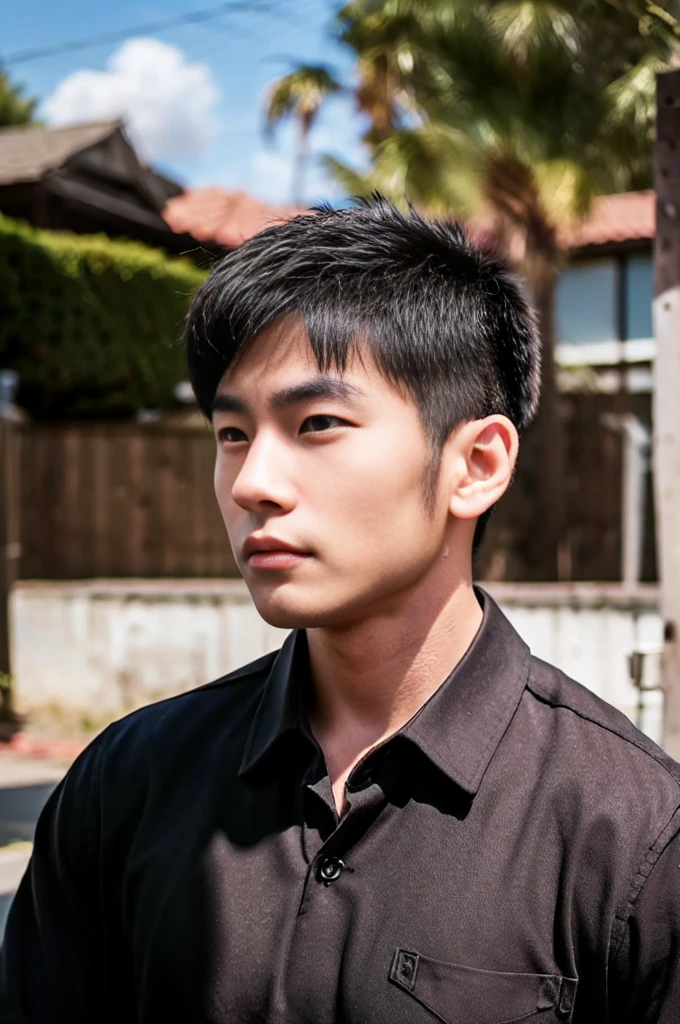 A young Asian man with large muscles looks at the camera. In a dark red button-up shirt. , measure , Normal sunlight