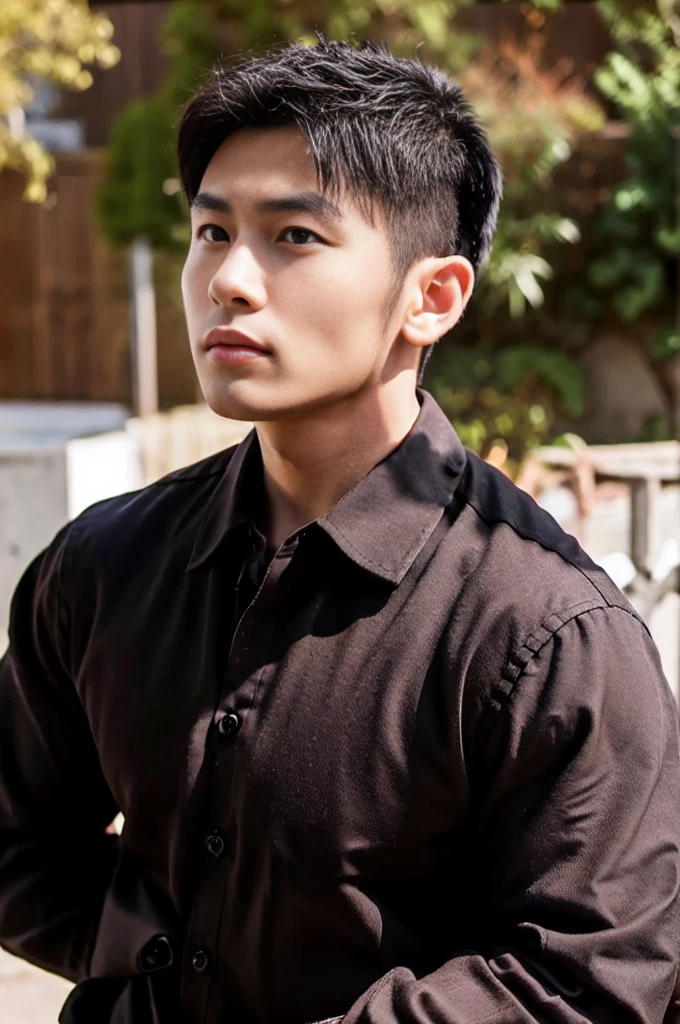 A young Asian man with large muscles looks at the camera. In a dark red button-up shirt. , measure , Normal sunlight