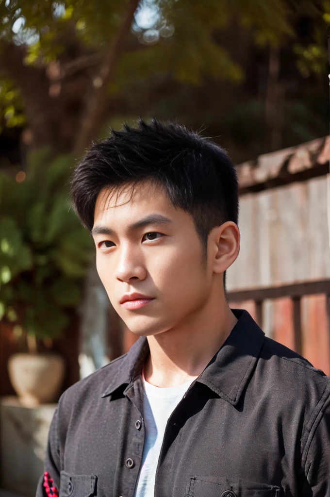 A young Asian man with large muscles looks at the camera. In a dark red button-up shirt. , measure , Normal sunlight
