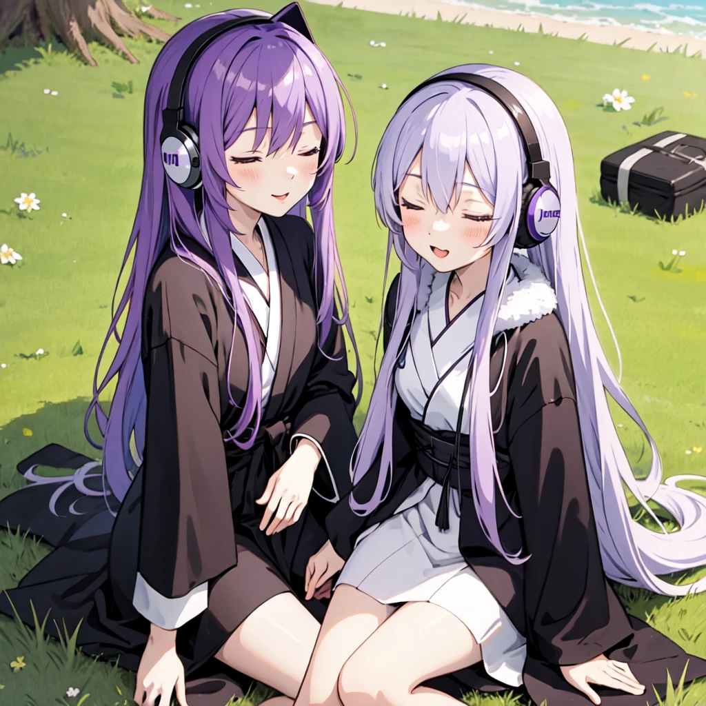 1 person. Anime girl with long purple hair and black robe. Pointy ears. Cute as in manga. Sitting on grass with eyes closed. Headphones.