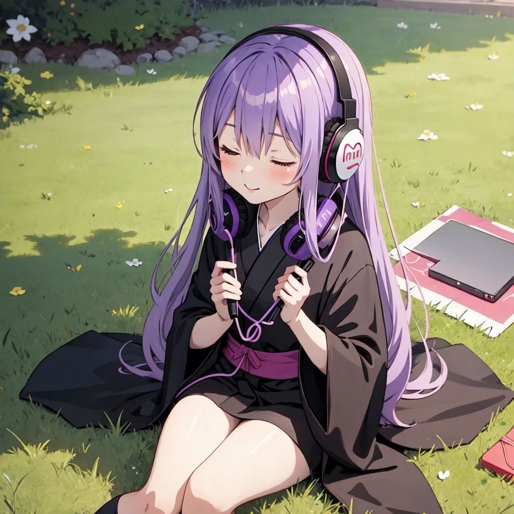 1 person. Anime girl with long purple hair and black robe. Pointy ears. Cute as in manga. Sitting on grass with eyes closed. Headphones.
