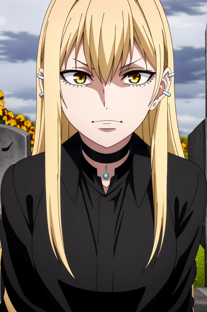 ((best quality)),((highly detailed)),masterpiece,absurdres,detailed face,beautiful face,(detailed eyes, deep eyes),1girl,((dynamic pose))  Guideau, blonde hair, solo, yellow eyes, long hair, jewelry, earrings, piercing, choker, ear piercing, bangs, hair between eyes, black choker, sidelocks, stud earrings, cowboy shot, standing, Passage between houses , (long black coat:1.3), (overcast sky:1.2), (distant crows cawing:1.3), (fallen leaves scattered on the ground:1.2), (pensive expression:1.2), (wilting flowers on some graves:1.3)