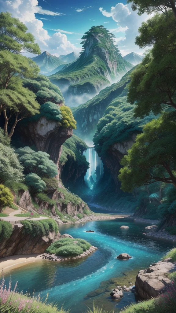 a captivating anime landscape, vivid colors, digital art, highly detailed, photorealistic, 8k, (best quality,4k,8k,highres,masterpiece:1.2),ultra-detailed,(realistic,photorealistic,photo-realistic:1.37),vibrant colors,dramatic lighting,sweeping vistas,lush foliage,flowing water,dramatic skies,mountainous terrain,futuristic architecture,advanced technology,anime aesthetic,imaginative,captivating,stunning,cutting-edge AI,virtual artistry