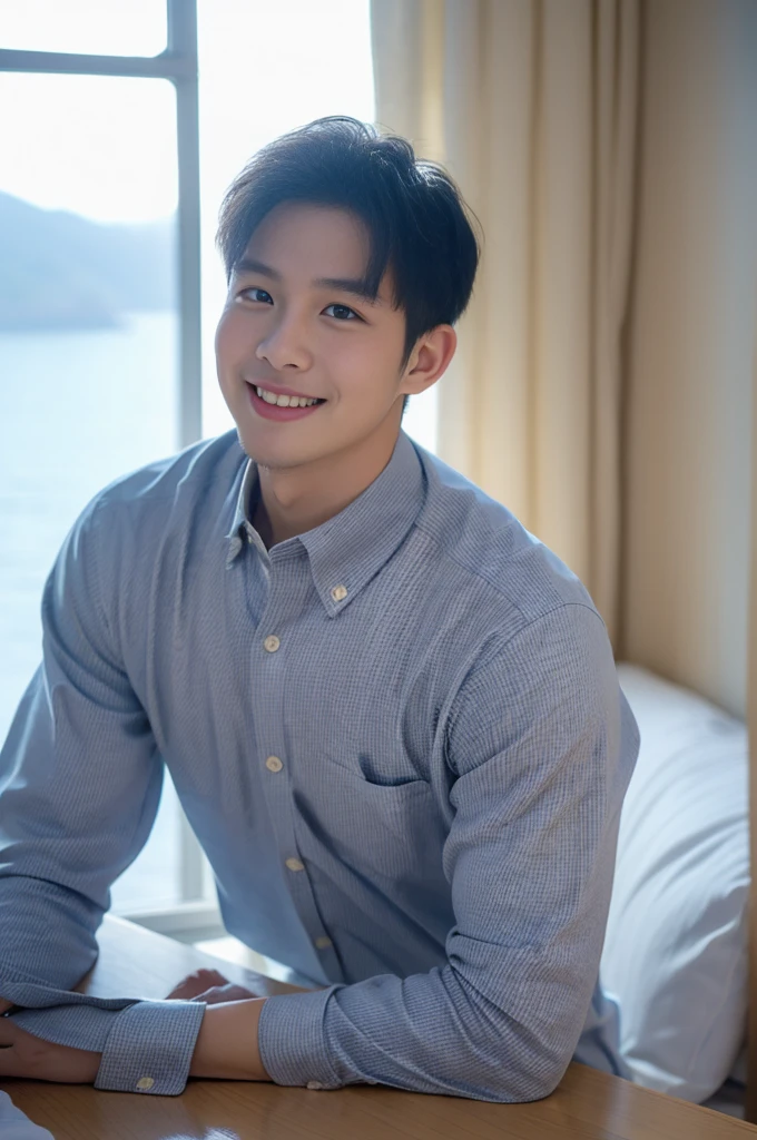 ((Highest quality, 8K, Masterpiece: 1.3))、Thailand Laos Burma Asia, Thai man, A handsome Asian rugby player with short hair, a muscular beard, and big muscles., 1A man who has、 yo、Good appearance、Beautiful nose、smile、 Detailed eyes and face、beautiful light、(studio)、high resolution、(Look at the viewer.)、Fine mouth、smile、whole body: 1.5, perfect shape: 1.3, looking at camera ,Gray button-down shirt , bedroom sunlight looking at the sea