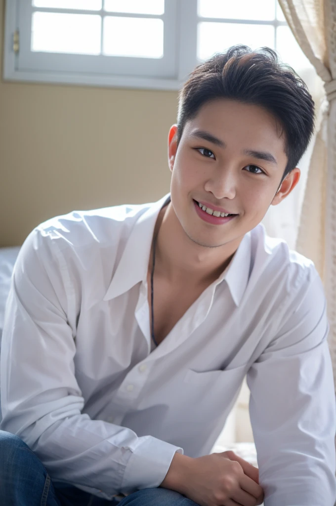 ((Highest quality, 8K, Masterpiece: 1.3))、Thailand Laos Burma Asia, Thai man, A handsome Asian rugby player with short hair, a muscular beard, and big muscles., 1A man who has、 yo、Good appearance、Beautiful nose、smile、 Detailed eyes and face、beautiful light、(studio)、high resolution、(Look at the viewer.)、Fine mouth、smile、whole body: 1.5, perfect shape: 1.3, looking at camera ,Gray button-down shirt , bedroom sunlight looking at the sea