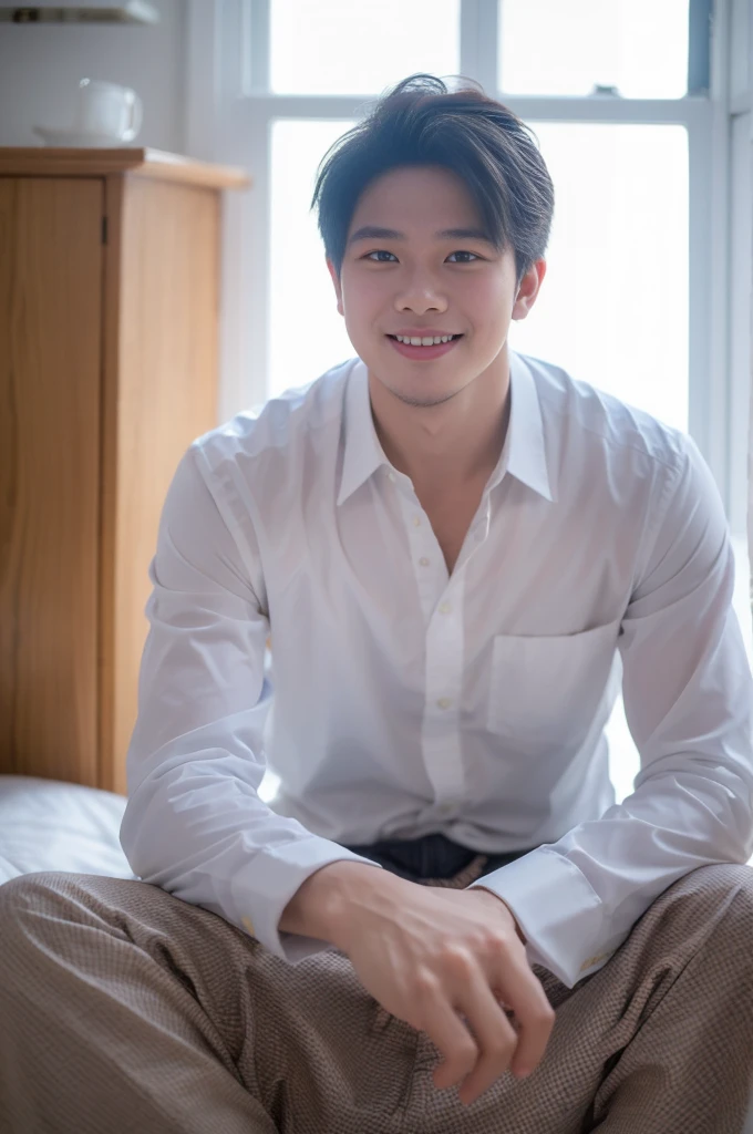 ((Highest quality, 8K, Masterpiece: 1.3))、Thailand Laos Burma Asia, Thai man, A handsome Asian rugby player with short hair, a muscular beard, and big muscles., １A man who has、 yo、Good appearance、Beautiful nose、smile、 Detailed eyes and face、beautiful light、(studio)、high resolution、（Look at the viewer.）、Fine mouth、smile、whole body: 1.5, perfect shape: 1.3, looking at camera ,Gray button-down shirt , bedroom sunlight looking at the sea